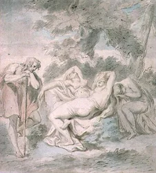Cimon et Iphigénie : avec deux servantes dans un paysage