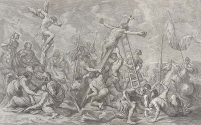 La Crucifixion, avec la descente de la croix au centre, des soldats partout, et un voleur, 1762