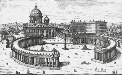 Cité du Vatican, vue de la Piazza San Pietro avec la basilique Saint-Pierre et les palais du Vatican, gravure de Giovanni Battista Falda. 1665