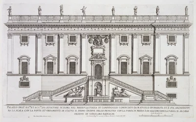 Vue de la façade du Palazzo Senatorio sur la Piazza del Campidoglio, Rome, commencée par Michelangelo Buonarroti (1475-1564) et achevée par Girolamo Rainaldi (1570-1655)