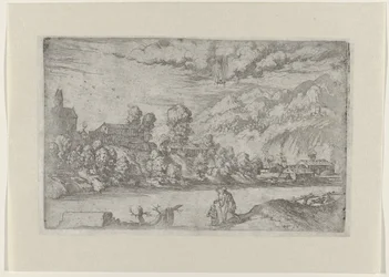 Paysage fluvial avec le baptême du Christ