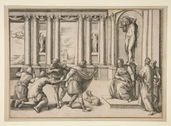 Homme assis sous une statue de Bacchus, recevant une audience