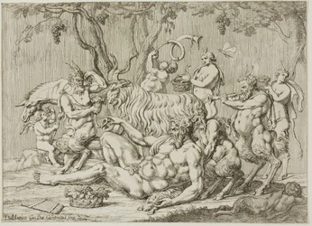 Silène couché avec des chèvres et des satyres
