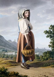 Paysanne en arrière-plan de Maddaloni, par Giovan Battista Lusieri (vers 1755-1821), aquarelle sur papier 32x23 cm, Italie