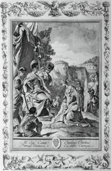 Armida devant Goffredo, gravure pour le Chant III de La Jérusalem délivrée, par Torquato Tasso (1544-1595), publiée par Giovanni Battista Albrizzi, Venise, Italie