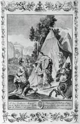 Croisés au siège de Jérusalem, gravure par Giovanni Battista Piazzetta pour le Chant III de Jérusalem délivrée, par Torquato Tasso, publié par Giovanni Battista Albrizzi, Venise, Italie