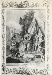 Jérusalem délivrée, chant III, illustration de Giovanni Battista Piazzetta (1683-1754) pour le poème de Torquato Tasso (1544-1595), édition publiée à Venise en 1745, Italie