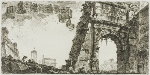 1. Arc de Titus. 2. Villa Farnese. 3. Colonnes du Temple de Jupiter Stator. 4. Arc de Septime Sévère. 5. Temple de la Paix, planche six de Quelques vues d