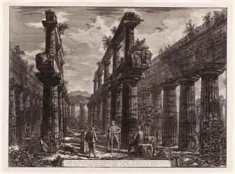 A., B. Vue des restes des deux rangées de colonnes dans le Temple de Neptune qui formaient à l