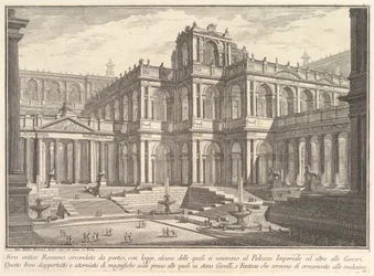 Forum romain antique entouré de portiques, avec des loggias, dont certaines communiquent avec..., vers 1750