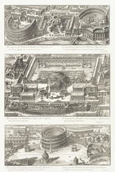 Vue aérienne : les théâtres Balbo et Marcello, le Panthéon et ses environs, et l