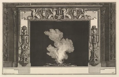 Cheminée : Griffons affrontés sur le linteau et candélabres sur les montants, ca. 1769