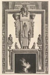 Cheminée de style égyptien : Momie superposée à une grande cariatide au-dessus du linteau, 1769