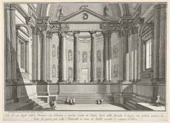 Planche 9 : Salle à colonnes selon la coutume des anciens Romains (...), tirée de « Première partie d