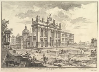 S. Giovanni in Laterano, façade principale, avec le Palais et la Scala Santa à droite, vers 1749