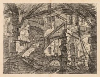 Les Prisons : Une perspective de colonnades avec escalier en zigzag