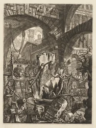 Les Prisons : Un méli-mélo architectural, avec un homme sur le rocher au premier plan, 1745-50