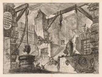 Les prisons : Intérieur colonnadé avec un large escalier