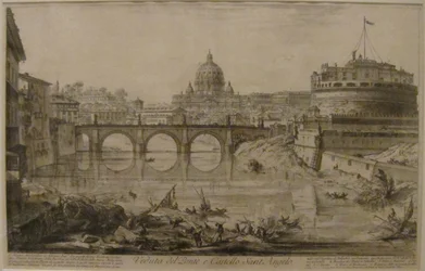 Vue du pont et du château Saint-Ange", tirée des "Vues de Rome" de Giovanni Battista Piranesi, eau-forte, Honolulu Museum of Art