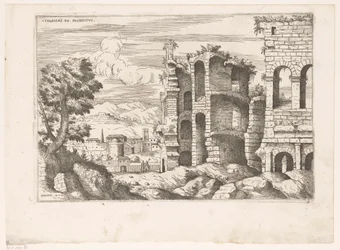 Vue sur le Colisée et ses environs à Rome (Ruines romaines, Praecipua aliquot Romanae Antiquitatis Ruinarum Monimenta)