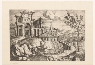 Paysage avec ruines et architecture fantastique au bord de l