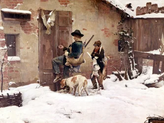 De retour de la chasse. Peinture de G. Quadrone. 1890 Milan