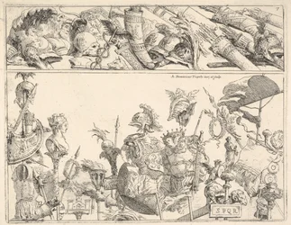 Armes romaines, étendards et trophées, une composition divisée en deux bandes horizontales, 1774