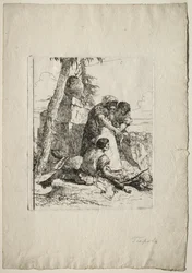 Scherzi di Fantasia : Magicien montrant une tête brûlante à deux jeunes, 1750s