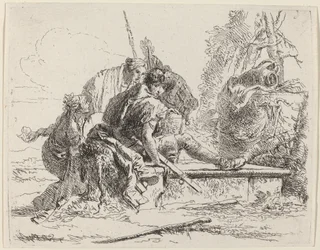 Soldat assis sur une tombe avec des figures environnantes