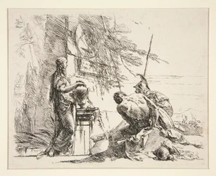 Femme debout et homme assis devant un obélisque, de la série Vari Capricci
