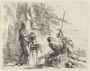 Femme debout et hommes assis devant un obélisque