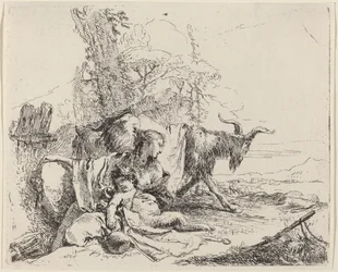 Femme, enfant satyre et chèvre dans un paysage