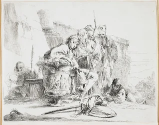 Jeune homme assis, appuyé contre une urne, planche de Vari Capricci, 1740s