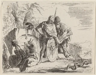 Jeune soldat avec philosophe et femme assise