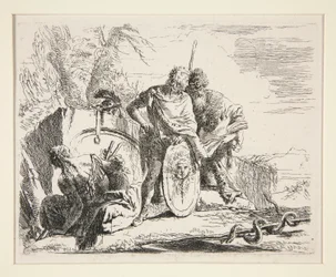 Jeune soldat avec philosophe et femme assise, de la série Vari Capricci