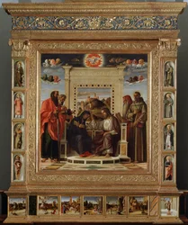 Retable de Bellini : partie centrale « Couronnement de la Vierge entre saint Pierre et saint Paul (à gauche) et saint Jérôme et saint François d