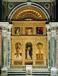 Annonciation et Piéta, Saint Christophe, Saint Dominique et Saint Sébastien, prédelle : miracles de Saint Vincenzo Ferreri (peinture sur bois)