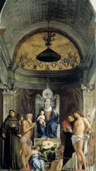 Madone et enfant, anges musiciens et les saints François, Jean-Baptiste, Job, Dominique..., ca 1487