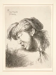 Un homme sans barbe, vu de profil et tourné vers la droite. Sa bouche est ouverte comme pour crier, de la série Les petites têtes
