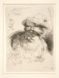 Un vieil homme avec une grande barbe, vu de face, la tête et les yeux baissés, de la série Les petites têtes d