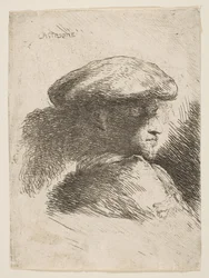 Homme de profil tourné vers la droite, portant un chapeau de fourrure, de la série 