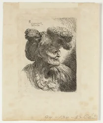Vieil homme portant un turban orné de fourrure, face à droite, des Petites études de têtes en coiffure orientale