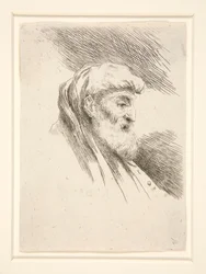 Vieil homme à longue barbe, de profil, tourné vers la droite