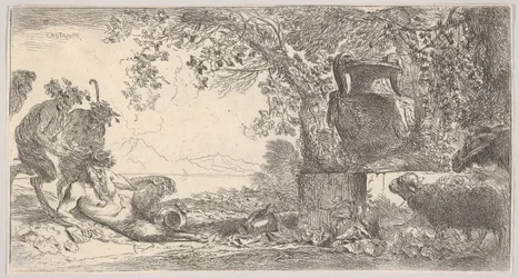 Pan allongé à gauche avec deux satyres debout, un grand vase sur un piédestal à droite, vers 1645