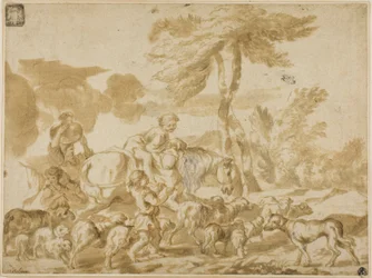 Famille de paysans avec moutons et chien