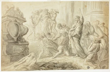 Résurrection de Lazare (recto); Voyageurs avec charrette devant une auberge (verso)