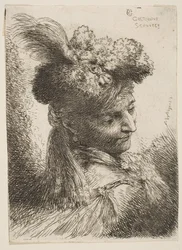 Jeune homme de trois quarts à droite portant une coiffe en fourrure avec une plume, bijou...