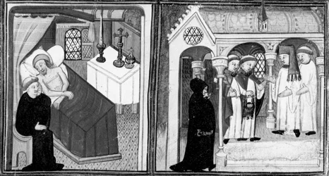 Décaméron,La confession de Ciappelletto mourant ; les fidèles sont invités à la dévotion. Première journée, nouvelle 1.