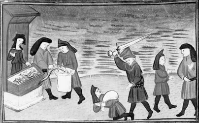 Décaméron, Biondello montre les lamproies à Ciacco ; Filippo attaque Biondello ; Ciacco et Biondello se réconcilient. Neuvième journée, nouvelle 8