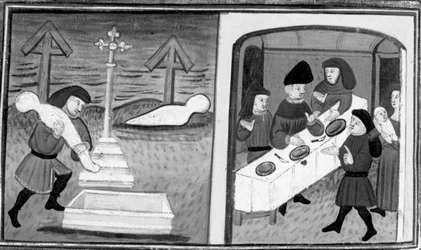 Décaméron, Gentile Carisendi sauve Catalina de la tombe ; l’homme présente la femme et son fils aux convives. Dixième journée, nouvelle 4